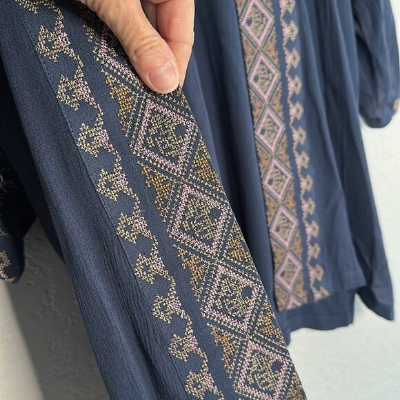 J Jill Embroidered Blue Kimono Cardigan Boho Coverup Aztec Lagenlook Cottage - Picture 4 of 7